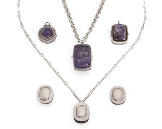 A group of William Spratling silver and amethyst pill box/pendants