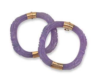 Two 14k gold and lavender jadeite dragon bangles