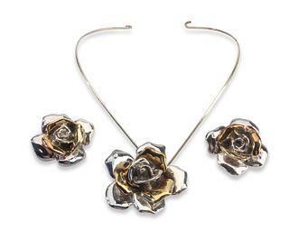 A group of sterling silver rose motif jewelry