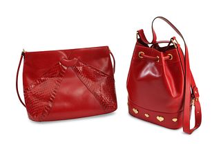Two red leather vintage purses including Escada and Salvatore Ferragamo