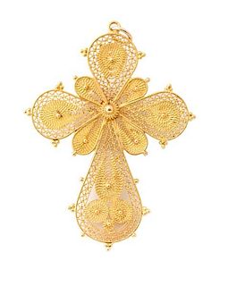 Handmade 18k Yellow Gold Filigree Cross Pendant