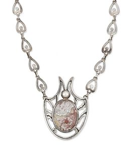 An Arts & Crafts style silver and hardstone pendant necklace
