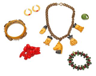 A group of Bakelite-style jewelry