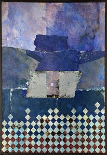 Dan Teis, Blue Abstract with Grid, Acrylic with Collage on Canvas