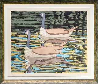 Neil Welliver, Canada Geese, Soft ground etching printed on Arches Cover paper hand-colored with watercolor