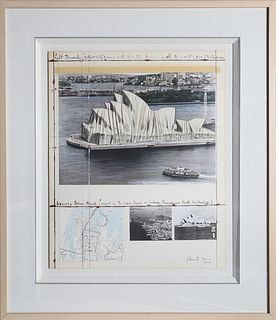 Christo and Jeanne-Claude, Wrapped Opera House - Project for Sydney, Lithograph and Collage of fabric, city map, photography and duct tape on velin on
