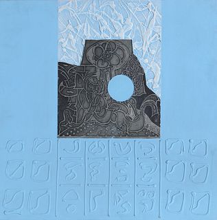 Martin Barooshian, Untitled - Blue Goddesses, Acrylic and Collaged Printing Plate on Canvas