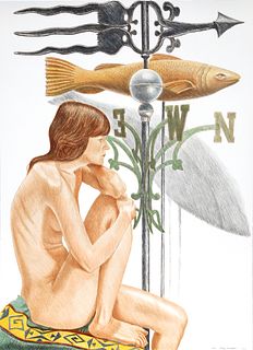 Philip Pearlstein, Nude Model with Banner and Fish Weathervanes, Lithograph