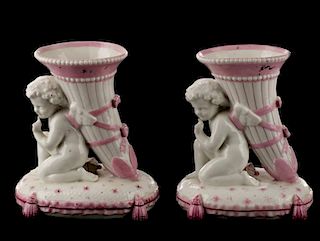 Pair, Sevres Style Porcelain Winged Cherub Vases