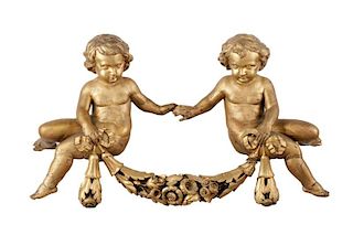 Pair, Wall-Hanging Giltwood Cherubs with Swag