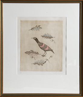 Keiko Minami, Bird, Oak Leaves and Acorns, Aquatint