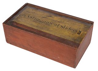 AMERICAN ASTRONOMICAL PAINTED PINE SLIDE-LID BOX WITH MAGIC LANTERN SLIDES