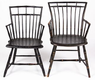 AMERICAN PAINTED WINDSOR BIRDCAGE ARMCHAIRS, LOT OF TWO