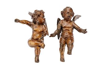 Pair, Continental Carved Wood Winged Cherubs