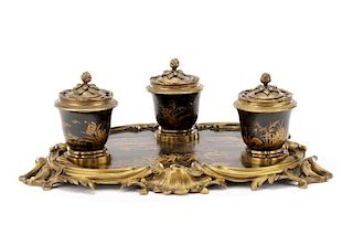 French Lacquered & Bronze Encrier a la Chinois