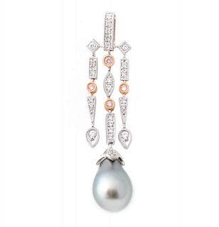 14k Two Tone Gold Pearl & Diamond Necklace Pendant