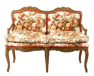 French Provincial Carved Upholstered Walnut Settee