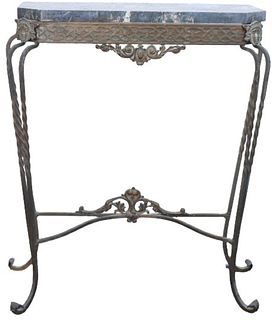 Patinated Wrought Iron and Marble Top Console.