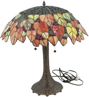 Leaded Stained Glass and Metal Table Lamp.