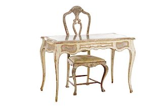 Venetian Rococo Polychrome Mirrored Desk & Chair