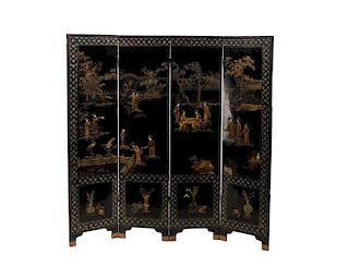 Chinese Black Lacquer 4-Panel Screen, Bone Inlay