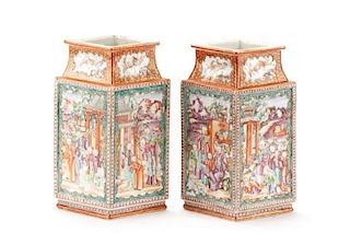 Pair, Chinese Mandarin Square Cut Vases, ca 1770