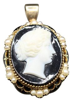 Hardstone Cameo w Gold Filigree and Pearls