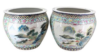 Pair of Japanese Porcelain Fish Bowls