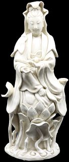Blanc de Chine Guanyin Figure On Flora Seat