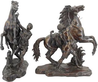 Pair Large French 19th C Bronze Men With Horses