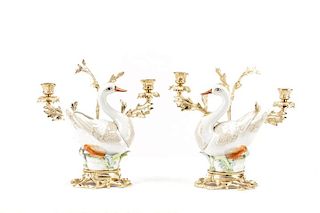 Pair, Mangani Enameled Porcelain Swan Candelabra