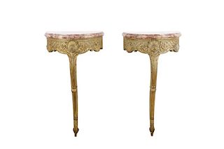 Pair, Small Giltwood & Pink Marble Consoles