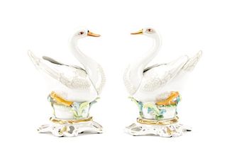 Pair, Mangani Enameled Porcelain Swan Figurines