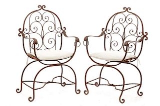 Pair, French Wrought Iron Curule Garden Chairs