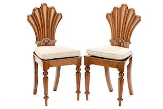 Pair, Carved Oak Shell Back Hall Chairs