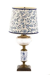 Meissen Style Porcelain & Etched Glass Table Lamp