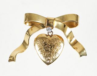 18K Diamond Bow Pin with Heart Locket