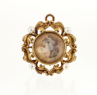 Antique Gold Plate Pearl Portrait Pin