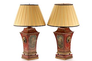Pair, Neoclassical Style Red & Gold Tole Lamps