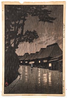 Kawase Hasui Woodblock Rain at Maekawa, Sochu