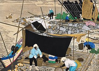 Fumio Kitaoka 1967 color woodcut Fishermen Teuri Island