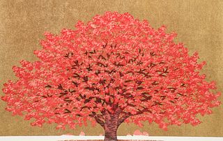 Hajime Namiki color woodblock on gold Tree Scene 124