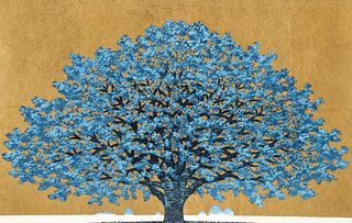 Hajime Namiki color woodblock on gold Tree Scene 136