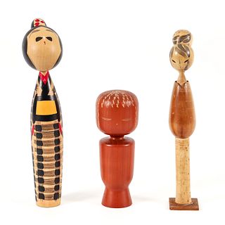 Group of 3 Handmade Wooden Japanese Kokeshi Dolls 