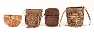 Group of Four Woven Asian Bags and Bamboo Purse  