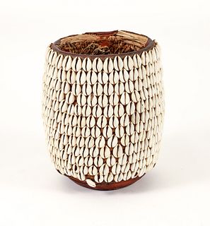 Nigerian Cowrie Shell and Leather Basket