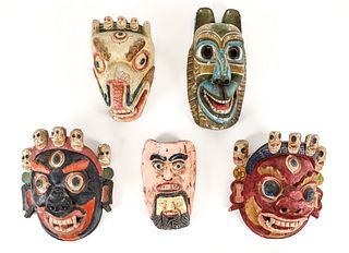 Group of Five Wooden Masks Tibetan Mahakala 