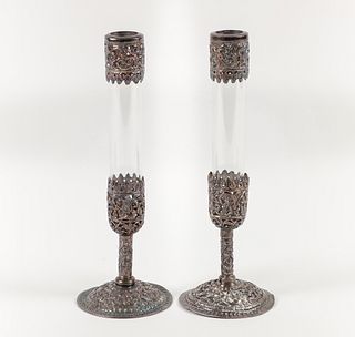 Pair Indian Silver and Glass Footed Candlesticks