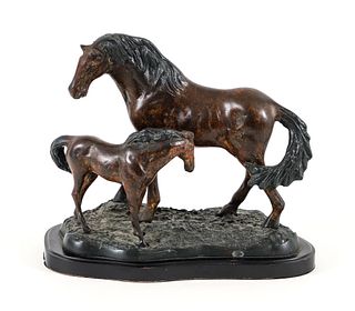 Mare and Foal Bronze Patinated Statue 20th Century 