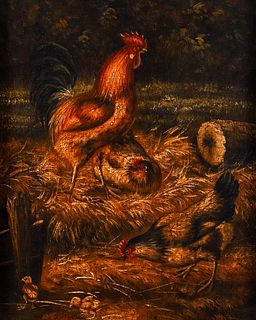 Early 20th century Farm Scene with Roosters